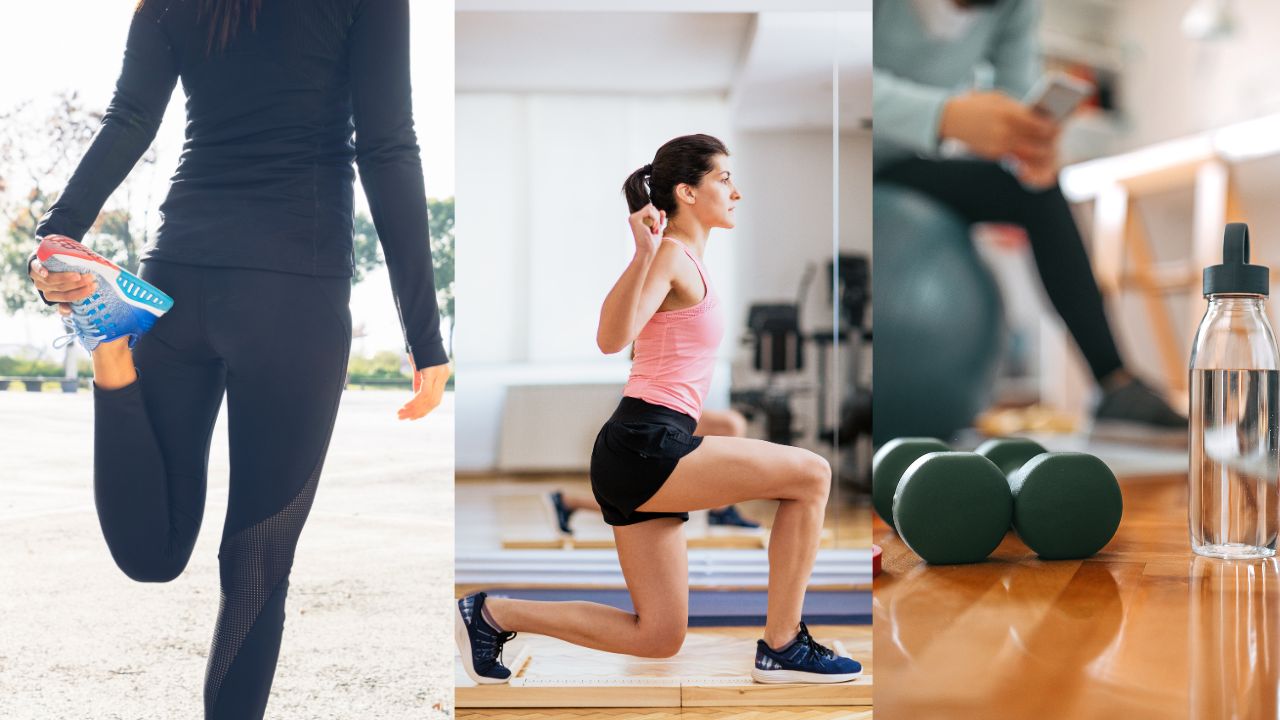 Winter workout collage with warm-up, exercise, and jogging