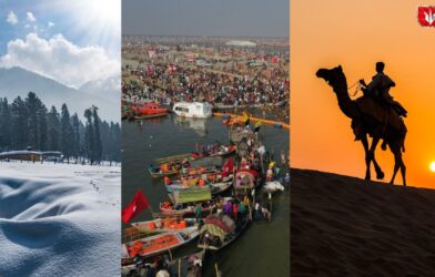 Scenic view of snow-capped mountains and valleys in Kashmir, showcasing its beauty as a winter travel destination