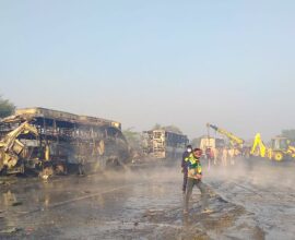 Scene of a horrific collision on Yamuna Expressway involving seven buses and two cars, causing fire and casualties