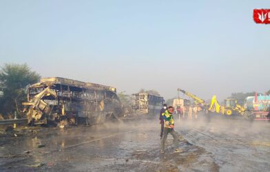 Scene of a horrific collision on Yamuna Expressway involving seven buses and two cars, causing fire and casualties