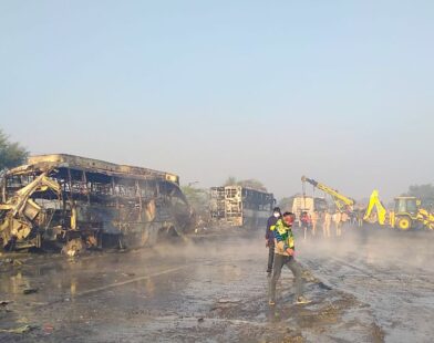 Scene of a horrific collision on Yamuna Expressway involving seven buses and two cars, causing fire and casualties