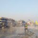 Scene of a horrific collision on Yamuna Expressway involving seven buses and two cars, causing fire and casualties