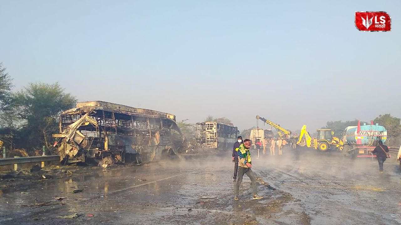 Scene of a horrific collision on Yamuna Expressway involving seven buses and two cars, causing fire and casualties