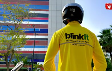 Blinkit delivery partner during gig workers protest over 10 minute delivery