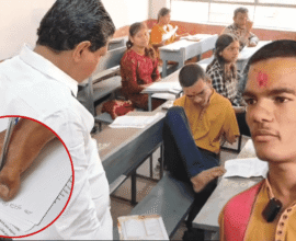 Writing paper with pen between toes